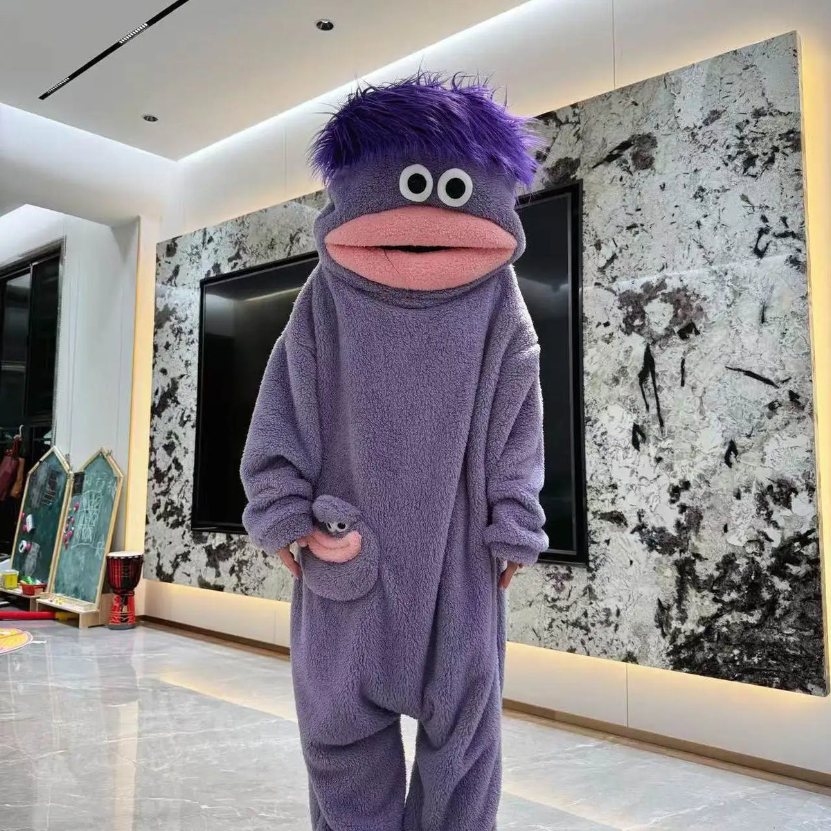 Nuevo pijama de una pieza con diseño de monstruo de boca grande, lindo y divertido, de forro polar grueso, ropa de casa para parejas, hombres y mujeres, pijama de dibujos animados para otoño