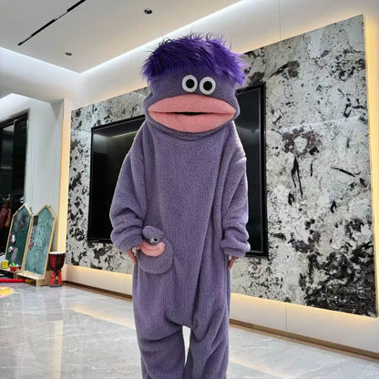 Nuevo pijama de una pieza con diseño de monstruo de boca grande, lindo y divertido, de forro polar grueso, ropa de casa para parejas, hombres y mujeres, pijama de dibujos animados para otoño