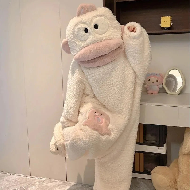 Nuevo pijama de una pieza con diseño de monstruo de boca grande, lindo y divertido, de forro polar grueso, ropa de casa para parejas, hombres y mujeres, pijama de dibujos animados para otoño