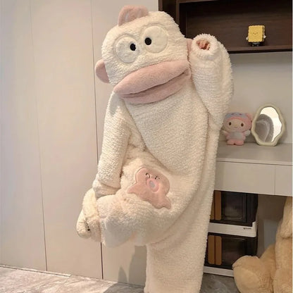 Nuevo pijama de una pieza con diseño de monstruo de boca grande, lindo y divertido, de forro polar grueso, ropa de casa para parejas, hombres y mujeres, pijama de dibujos animados para otoño