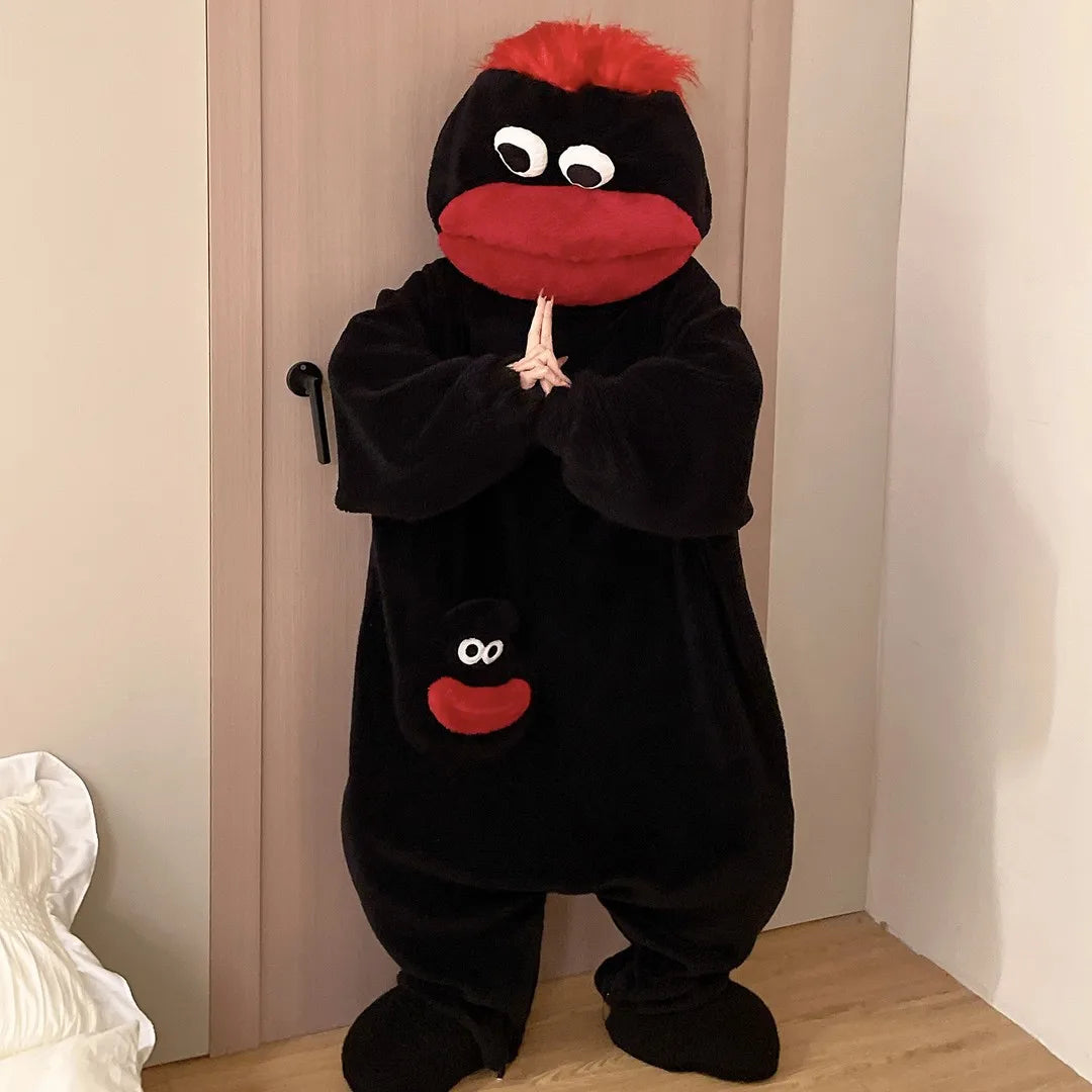 Nuevo pijama de una pieza con diseño de monstruo de boca grande, lindo y divertido, de forro polar grueso, ropa de casa para parejas, hombres y mujeres, pijama de dibujos animados para otoño