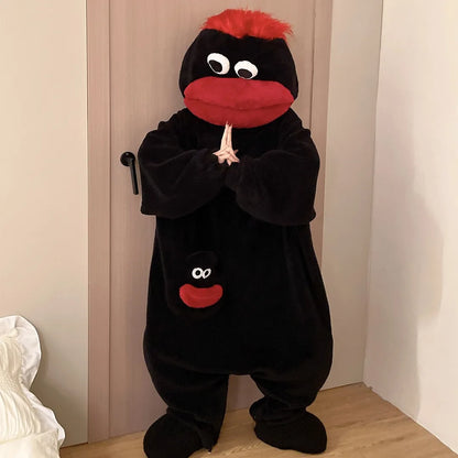 Nuevo pijama de una pieza con diseño de monstruo de boca grande, lindo y divertido, de forro polar grueso, ropa de casa para parejas, hombres y mujeres, pijama de dibujos animados para otoño