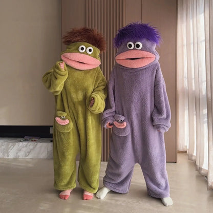 Nuevo pijama de una pieza con diseño de monstruo de boca grande, lindo y divertido, de forro polar grueso, ropa de casa para parejas, hombres y mujeres, pijama de dibujos animados para otoño